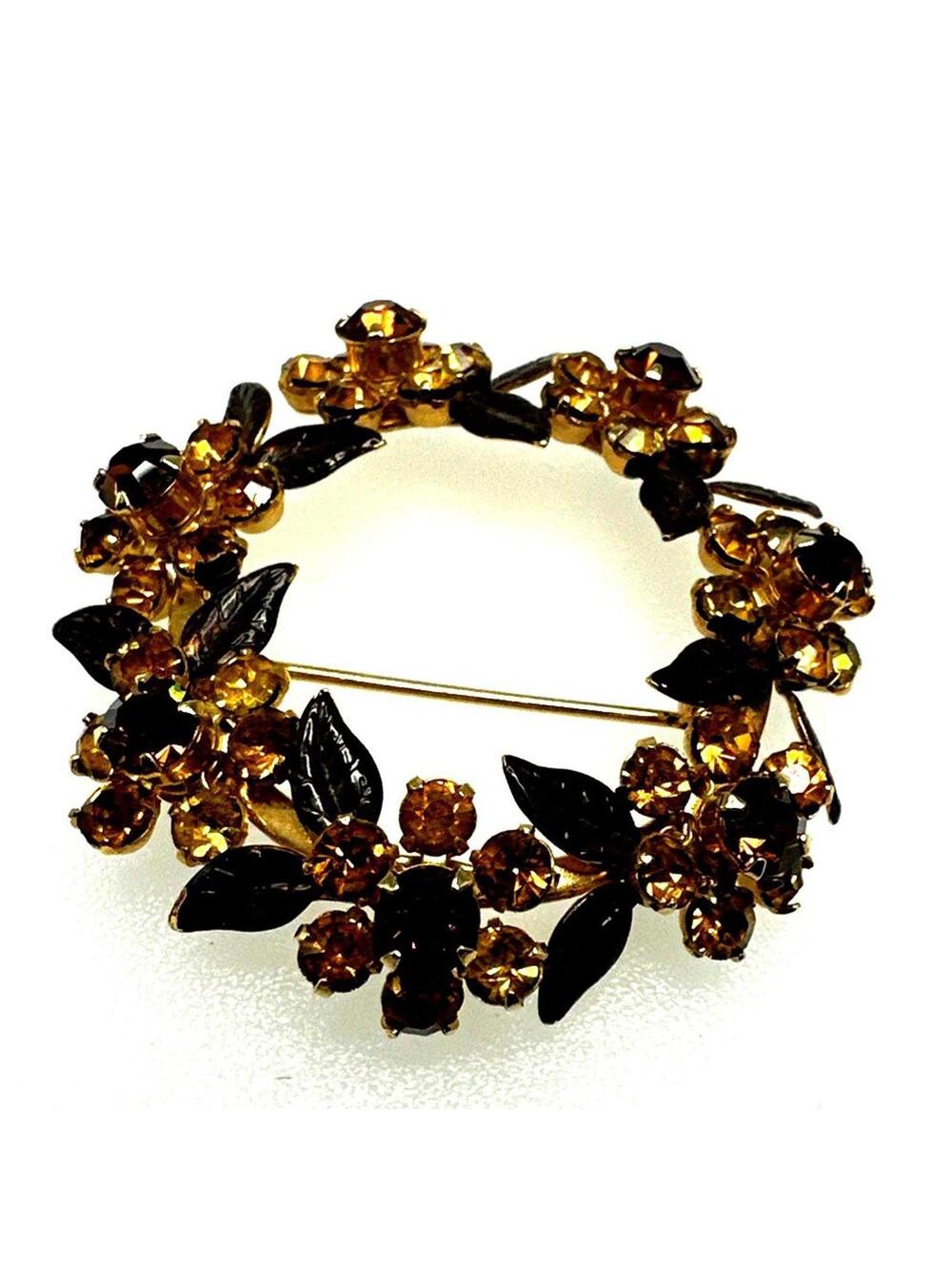 Flower Wreath Brooch Gold And Brown Rhinestones With Brown Enamel Leaves